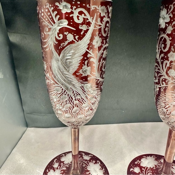 Egermann Czech Ruby Cut Crystal Champagne Flutes 1 of 10 Signed COA 2018 - Picture 10 of 16
